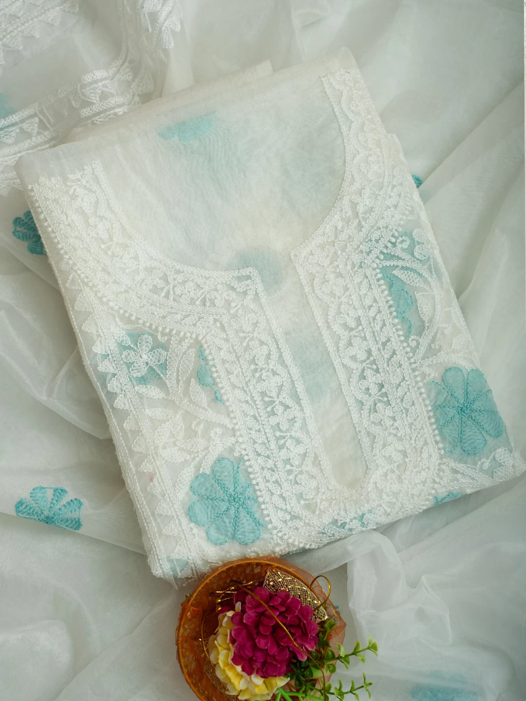 Ada Hand Embroidered White Organza Lucknowi Chikankari Unstitched Kurta Dupatta Set 01A718599