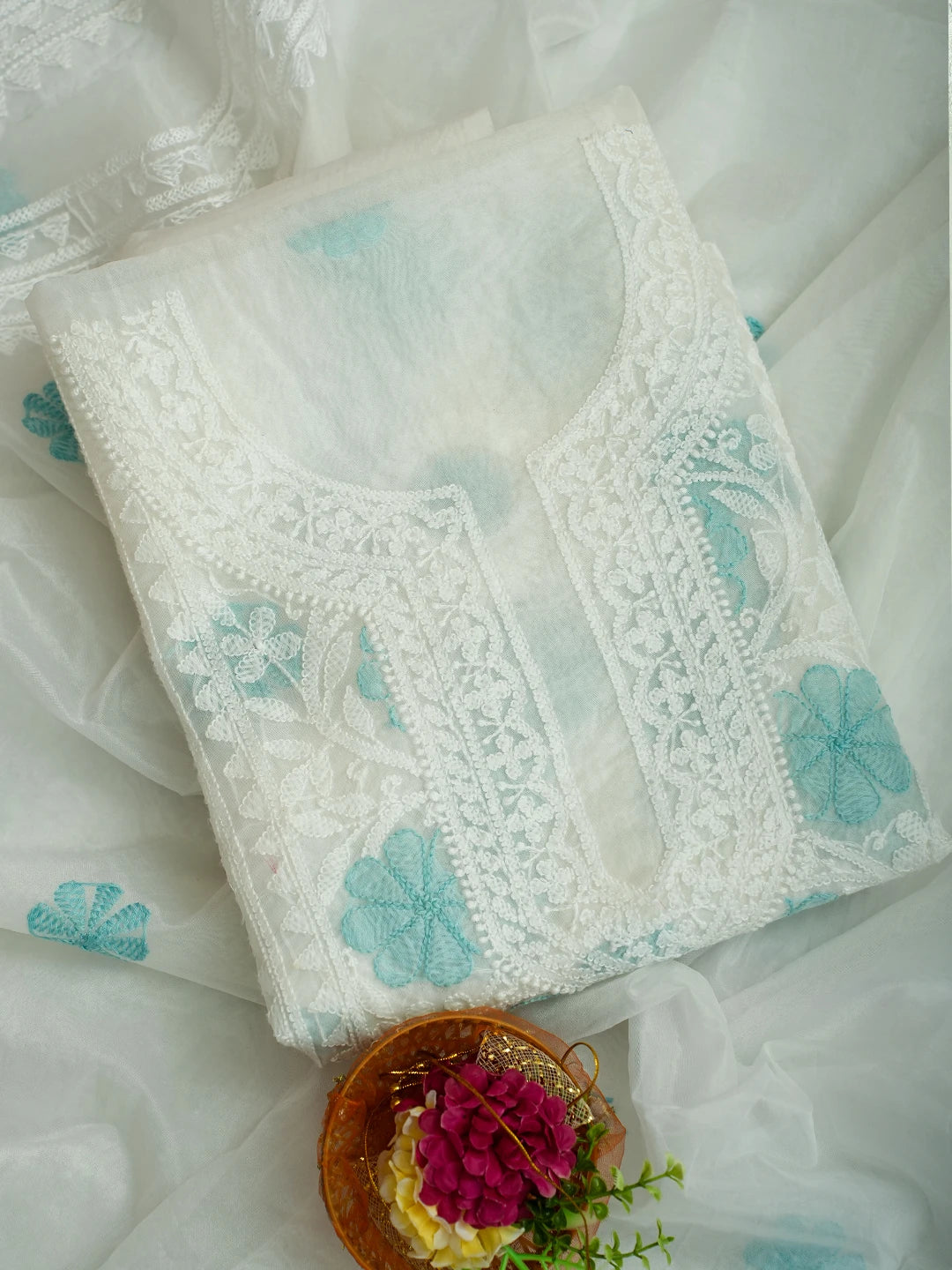 Ada Hand Embroidered White Organza Lucknowi Chikankari Unstitched Kurta Dupatta Set 01A718599