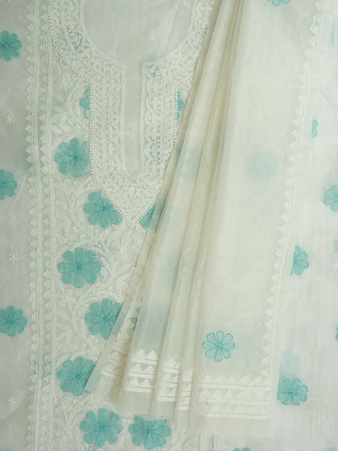 Ada Hand Embroidered White Organza Lucknowi Chikankari Unstitched Kurta Dupatta Set 01A718599
