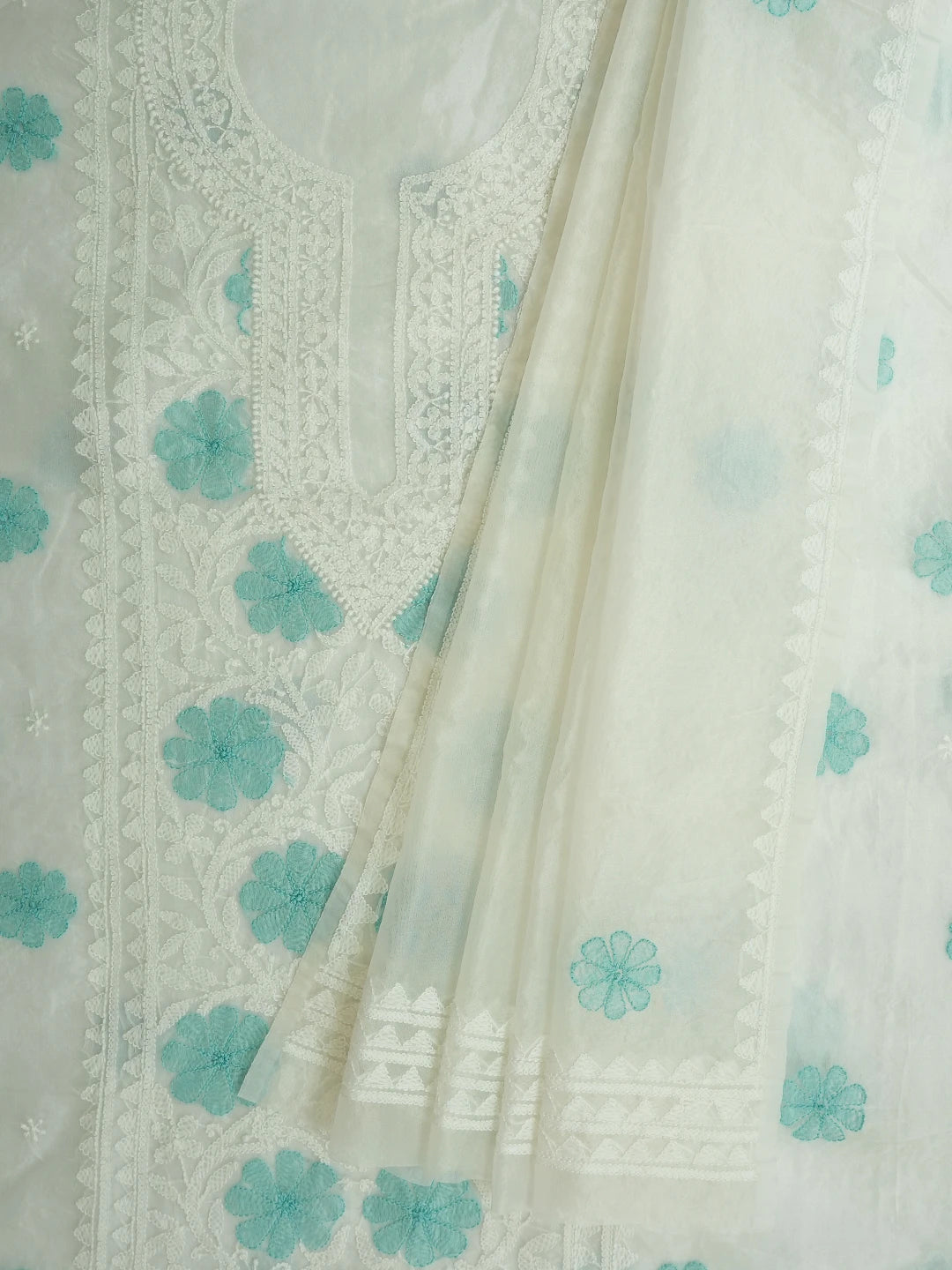 Ada Hand Embroidered White Organza Lucknowi Chikankari Unstitched Kurta Dupatta Set 01A718599