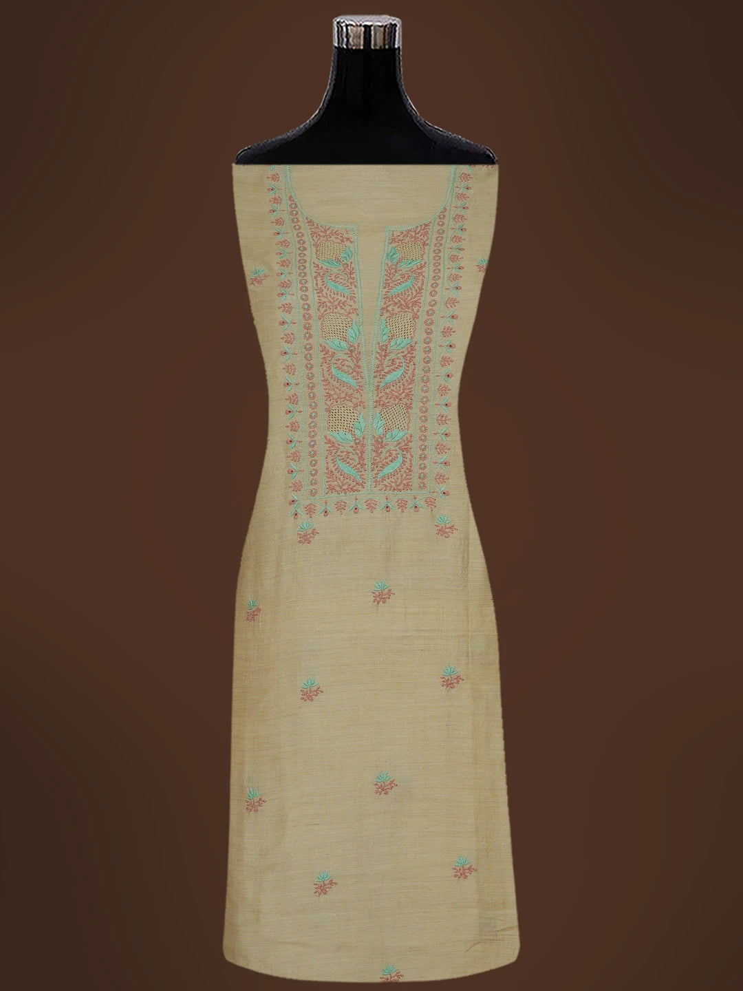 Ada Hand Embroidered Fawn Moonga Silk Lucknowi Chikankari Unstitched Kurta Dupatta Set 01A669142