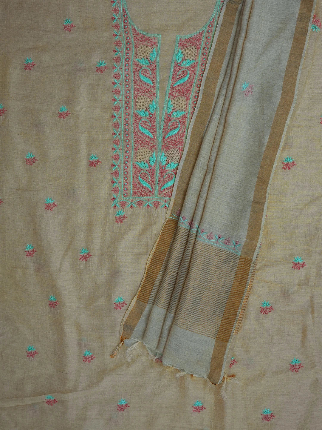 Ada Hand Embroidered Fawn Moonga Silk Lucknowi Chikankari Unstitched Kurta Dupatta Set 01A669142
