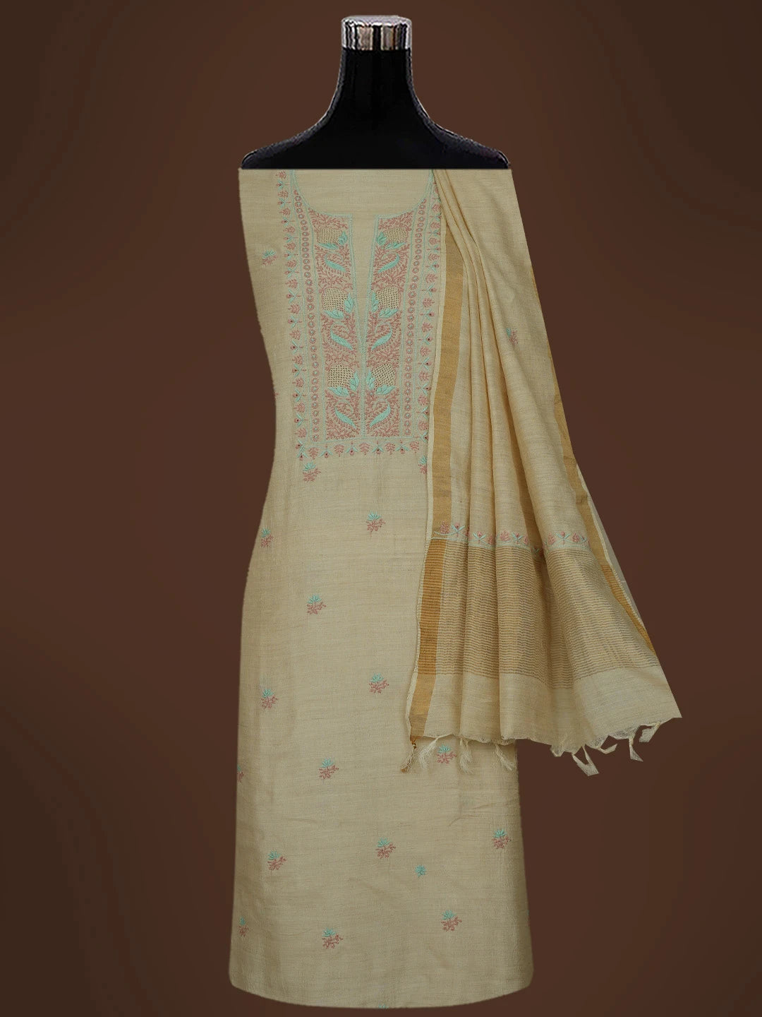 Ada Hand Embroidered Fawn Moonga Silk Lucknowi Chikankari Unstitched Kurta Dupatta Set 01A669142