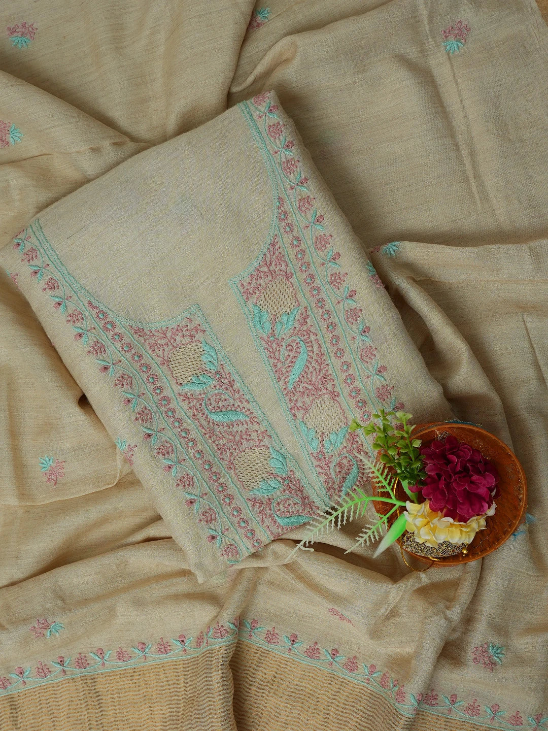Ada Hand Embroidered Fawn Moonga Silk Lucknowi Chikankari Unstitched Kurta Dupatta Set 01A669142