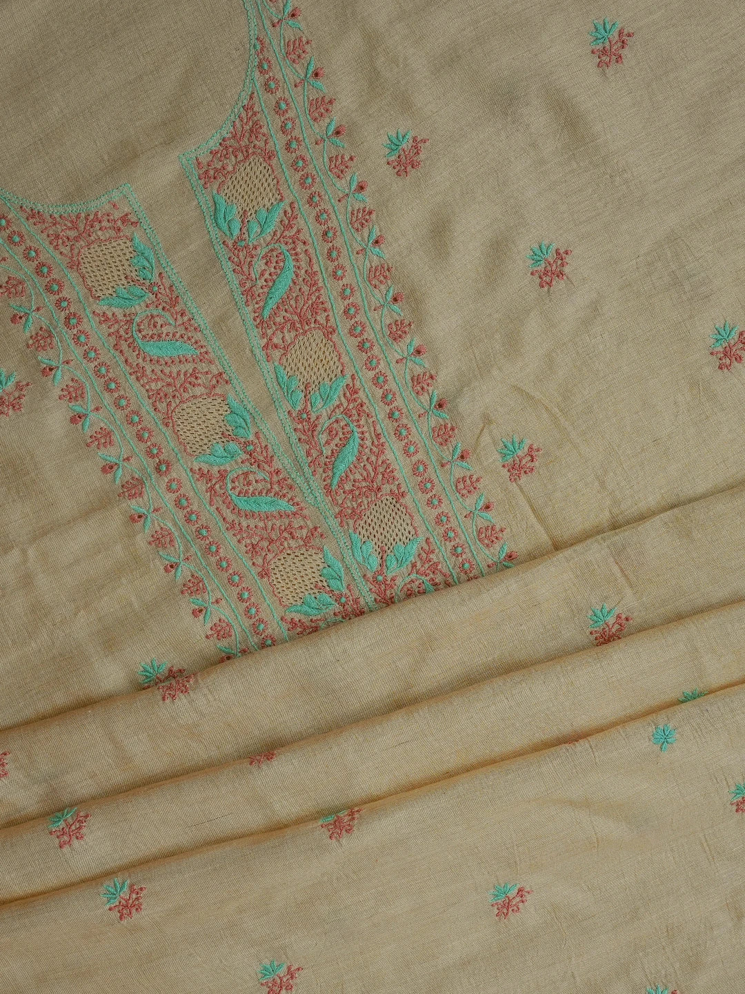 Ada Hand Embroidered Fawn Moonga Silk Lucknowi Chikankari Unstitched Kurta Dupatta Set 01A669142