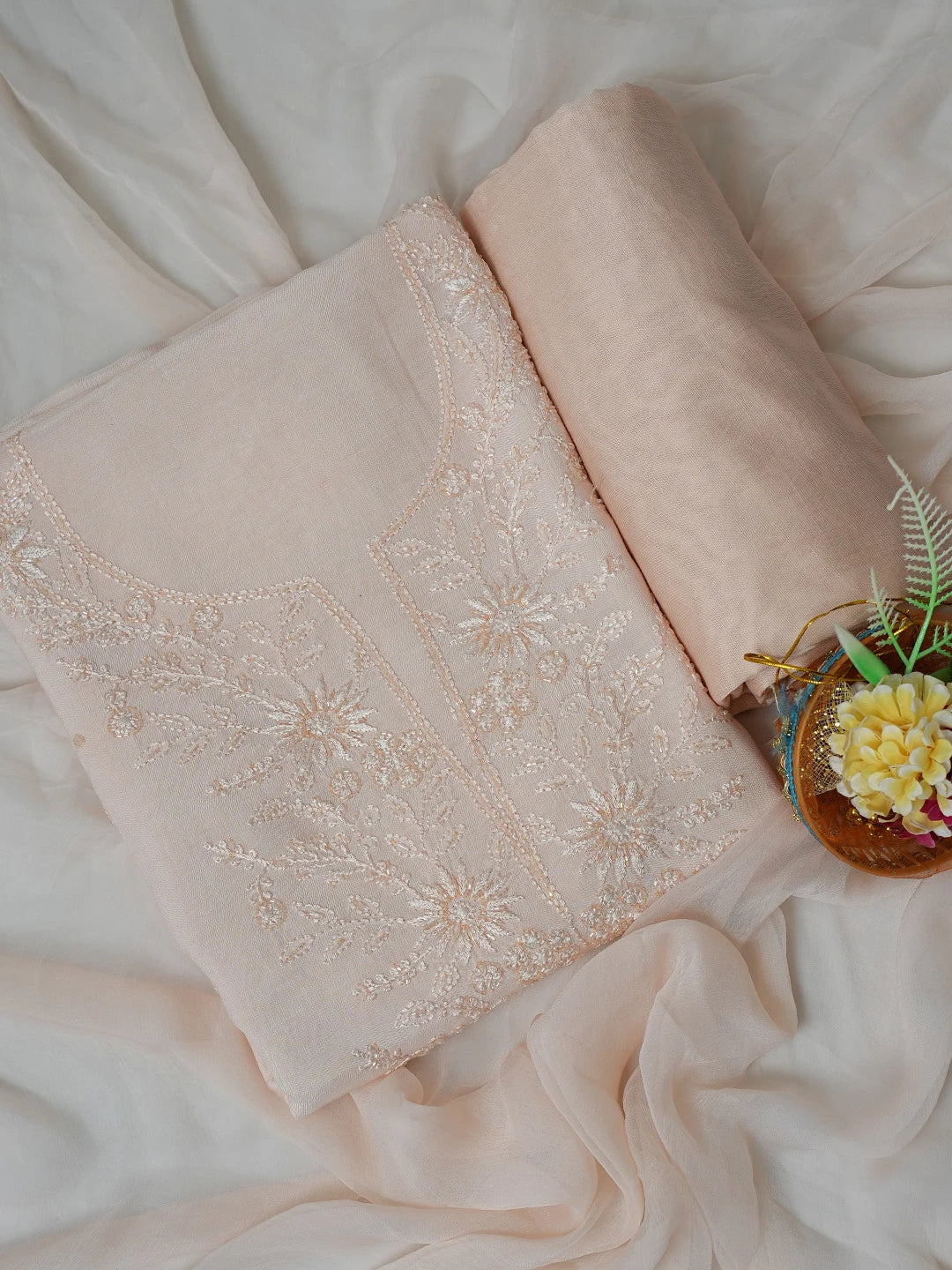Ada Hand Embroidered Heather Peach Muslin Lucknowi Chikankari Unstitched Suit Piece With Cutdana Work 01A713238