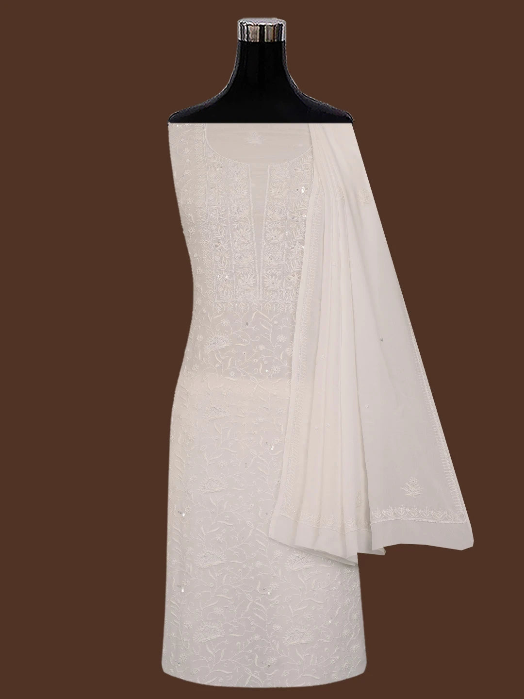 Ada Hand Embroidered White Viscose Georgette Lucknowi Chikankari Unstitched Kurta Dupatta Set With Cutdana Work 01A705073