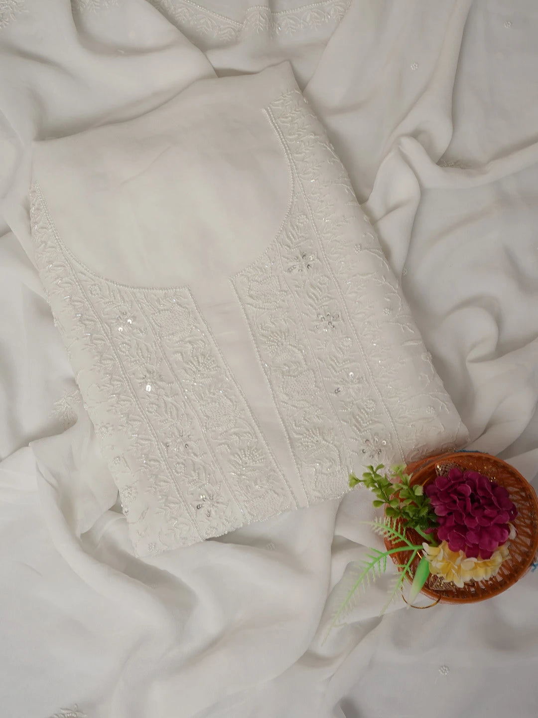 Ada Hand Embroidered White Viscose Georgette Lucknowi Chikankari Unstitched Kurta Dupatta Set With Cutdana Work 01A705073