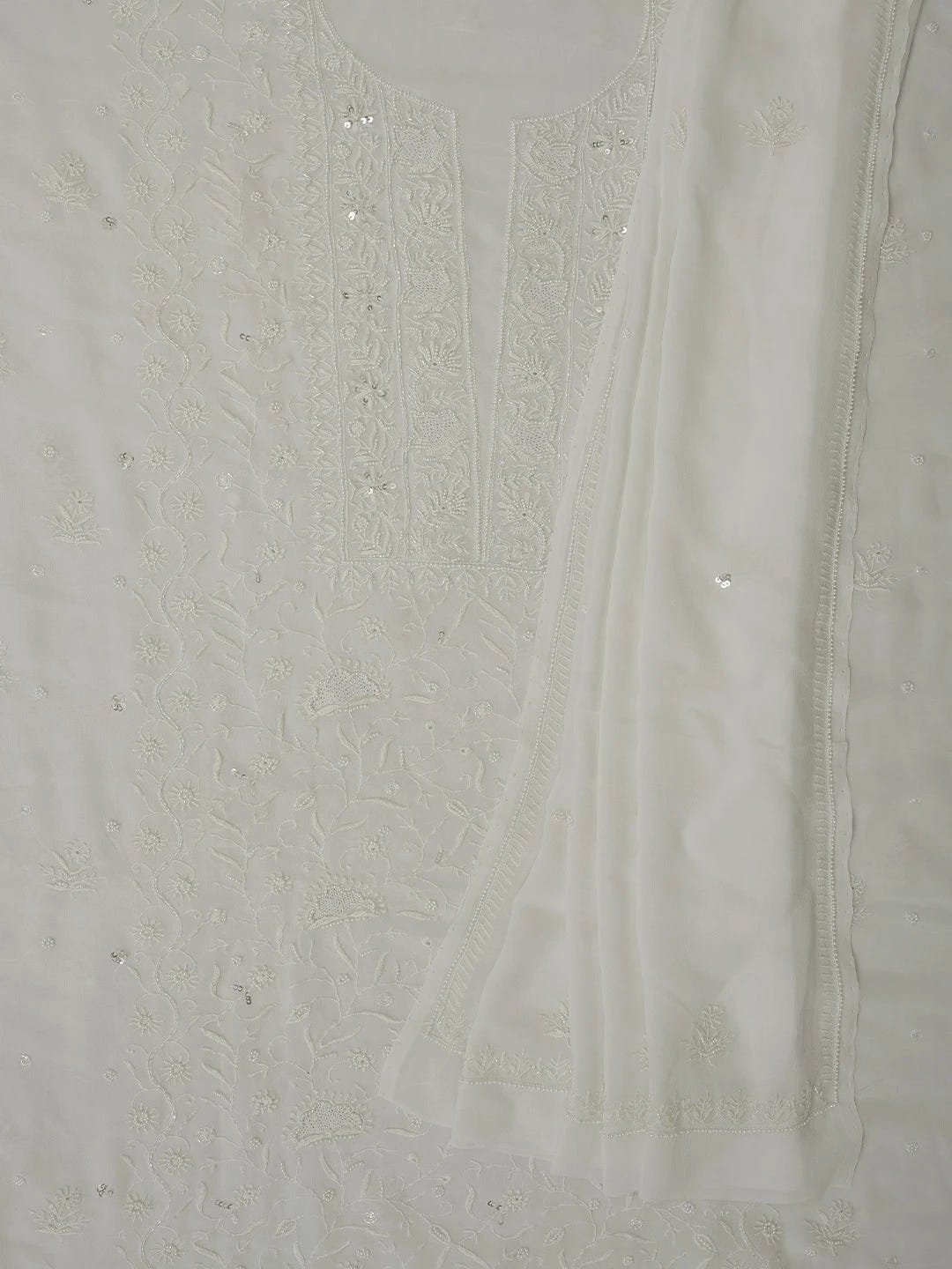 Ada Hand Embroidered White Viscose Georgette Lucknowi Chikankari Unstitched Kurta Dupatta Set With Cutdana Work 01A705073