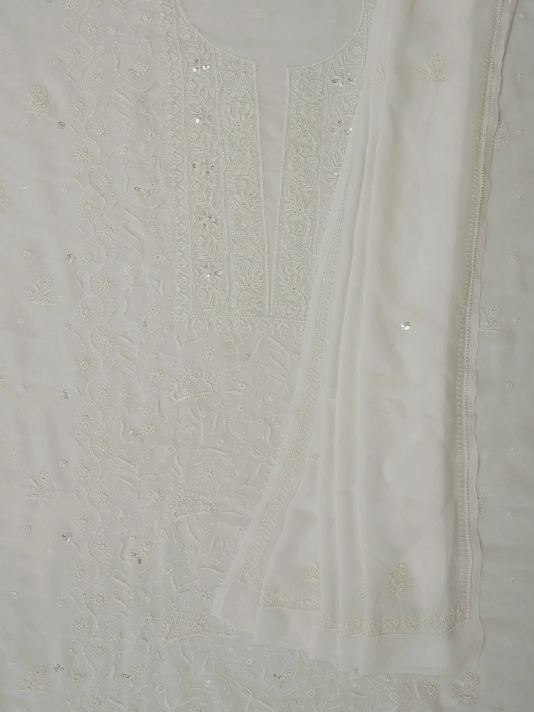 Ada Hand Embroidered White Viscose Georgette Lucknowi Chikankari Unstitched Kurta Dupatta Set With Cutdana Work 01A705073