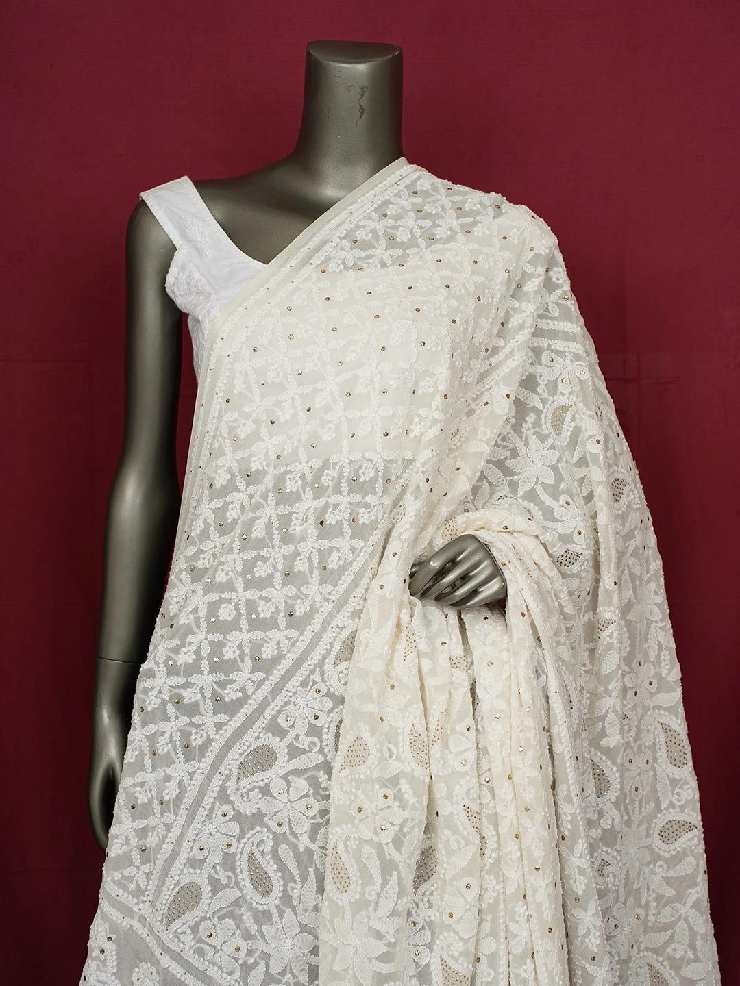 Ada Hand Embroidered White Pure Georgette Lucknowi Chikankari Dupatta With Mukaish Work 01A388551