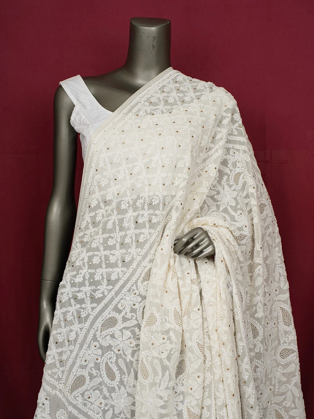 Ada Hand Embroidered White Pure Georgette Lucknowi Chikankari Dupatta With Mukaish Work 01A388551