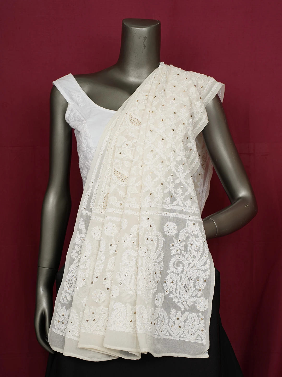 Ada Hand Embroidered White Pure Georgette Lucknowi Chikankari Dupatta With Mukaish Work 01A388551