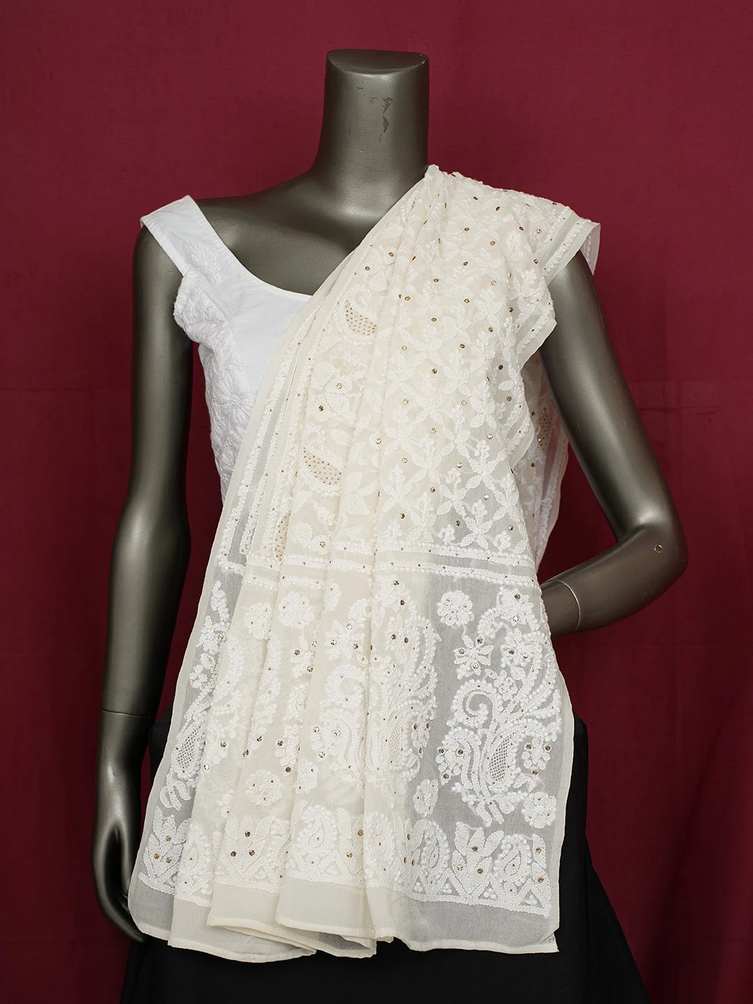 Ada Hand Embroidered White Pure Georgette Lucknowi Chikankari Dupatta With Mukaish Work 01A388551