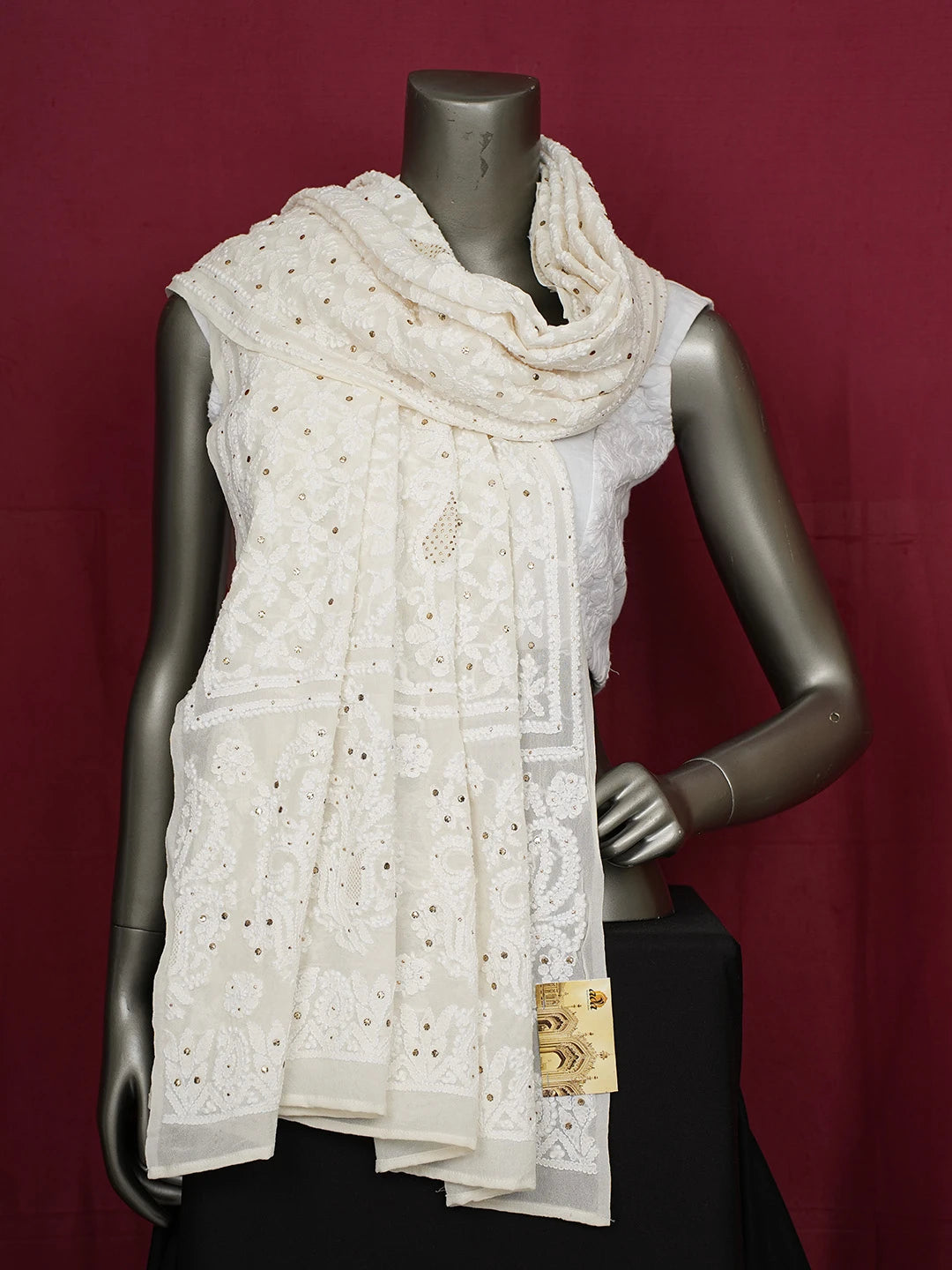Ada Hand Embroidered White Pure Georgette Lucknowi Chikankari Dupatta With Mukaish Work 01A388551