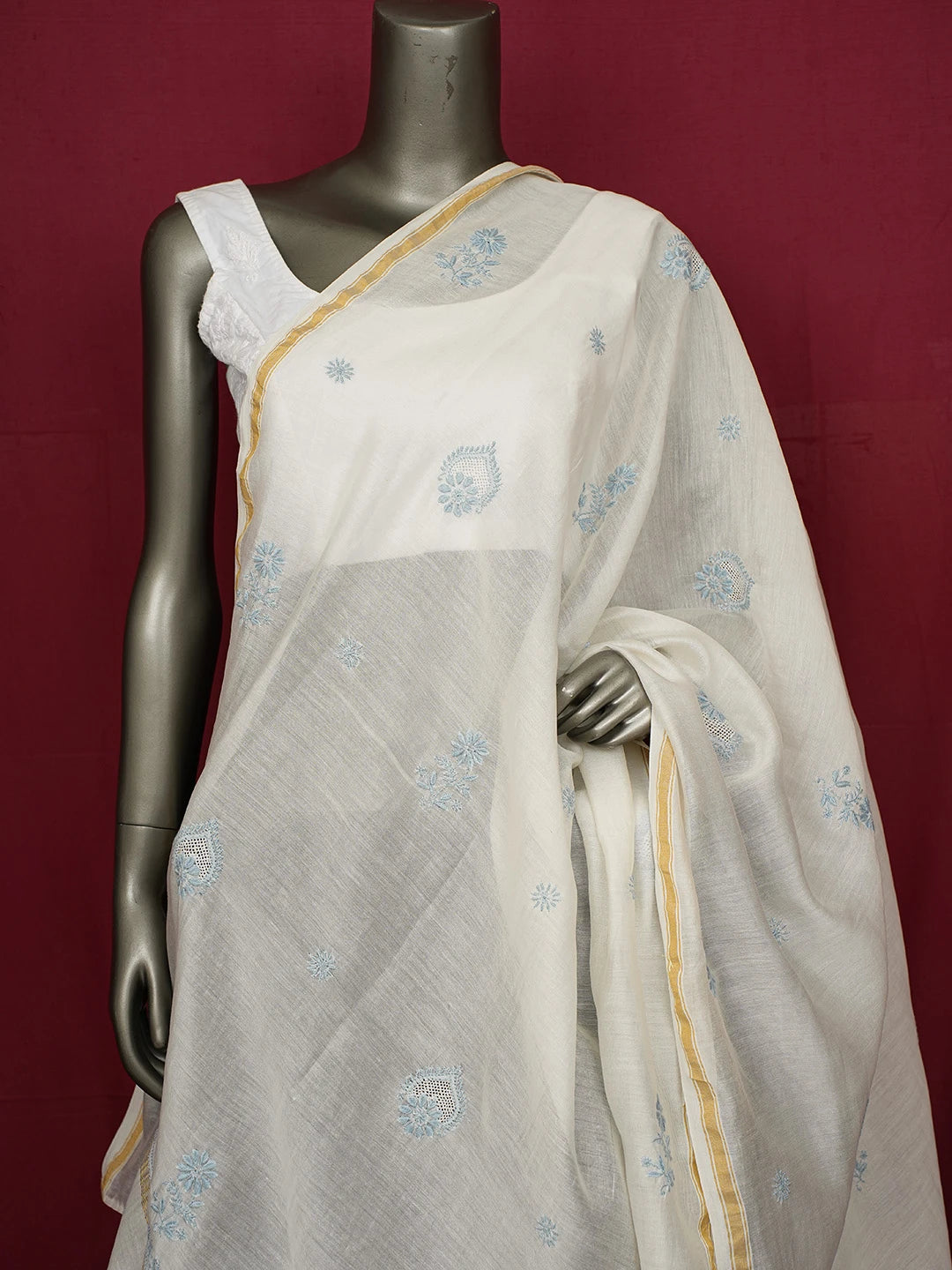 Ada Hand Embroidered White Chanderi Lucknowi Chikankari Dupatta 01A680485
