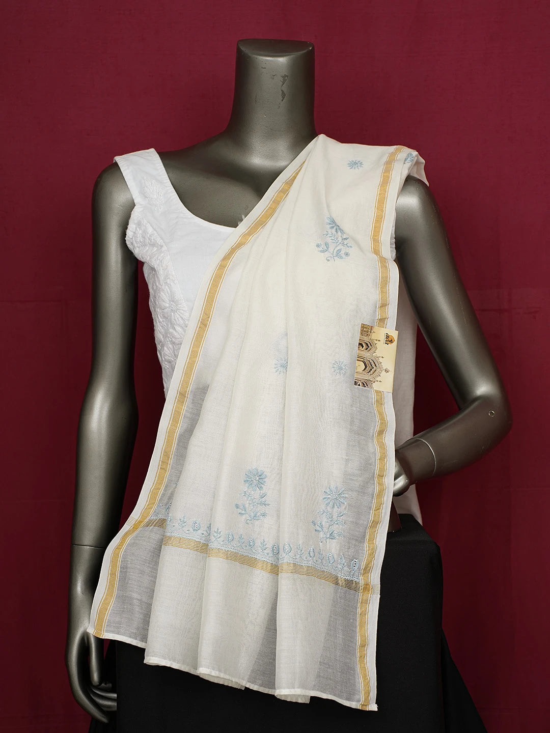 Ada Hand Embroidered White Chanderi Lucknowi Chikankari Dupatta 01A680485