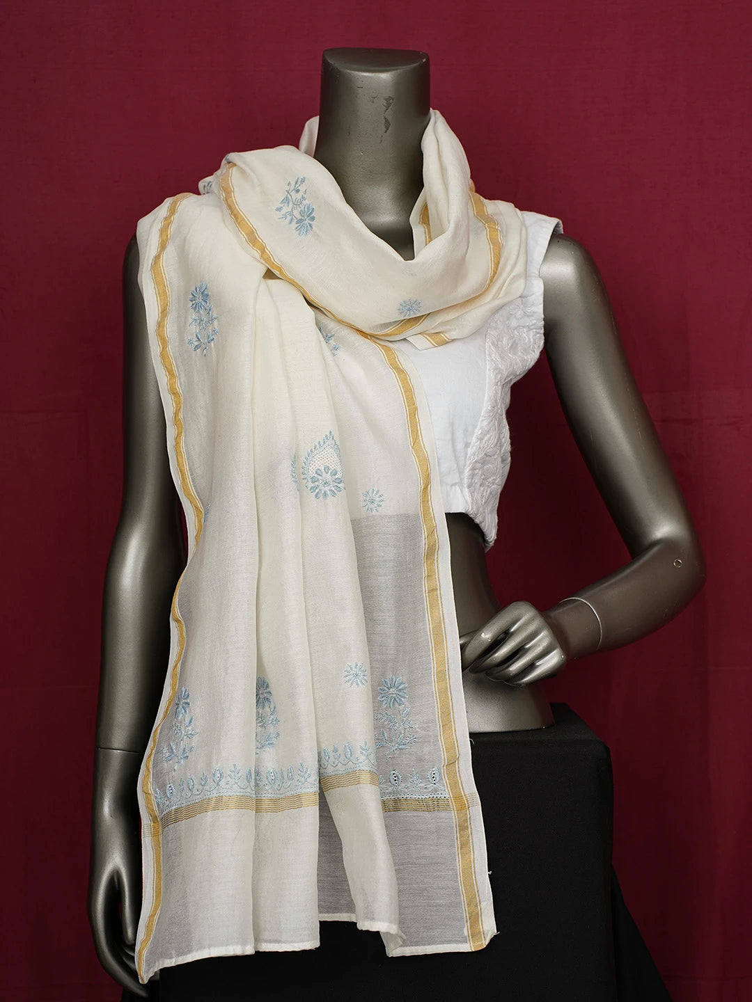 Ada Hand Embroidered White Chanderi Lucknowi Chikankari Dupatta 01A680485