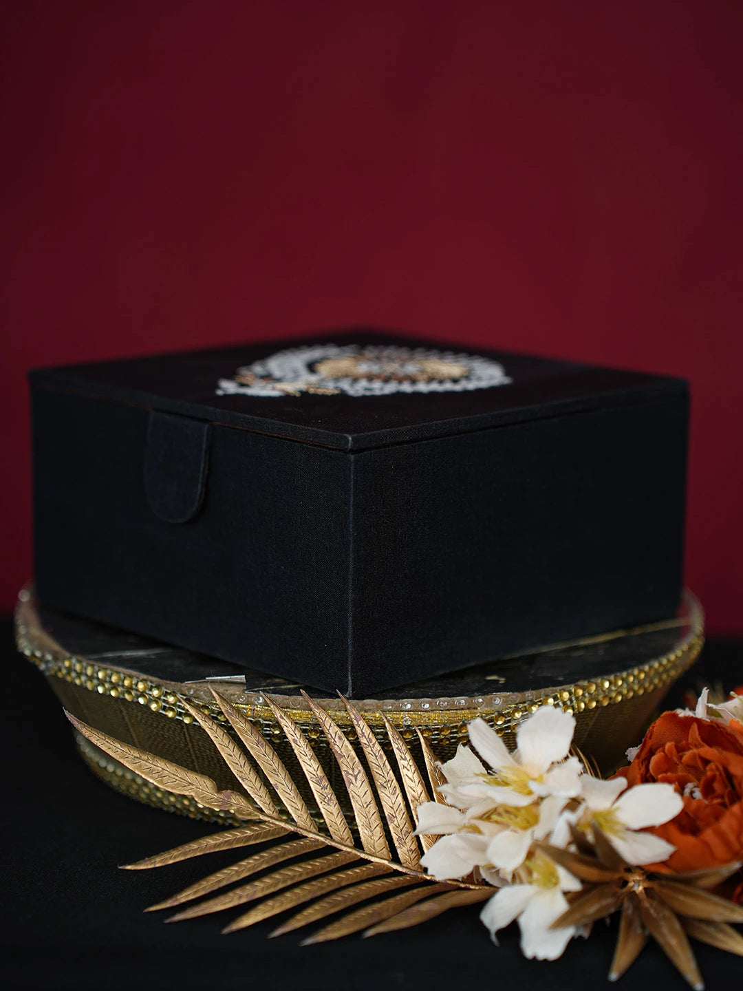Ada Hand Embroidered Black Silk Lucknowi Chikankari Utility Box With Zari Work 01A712639