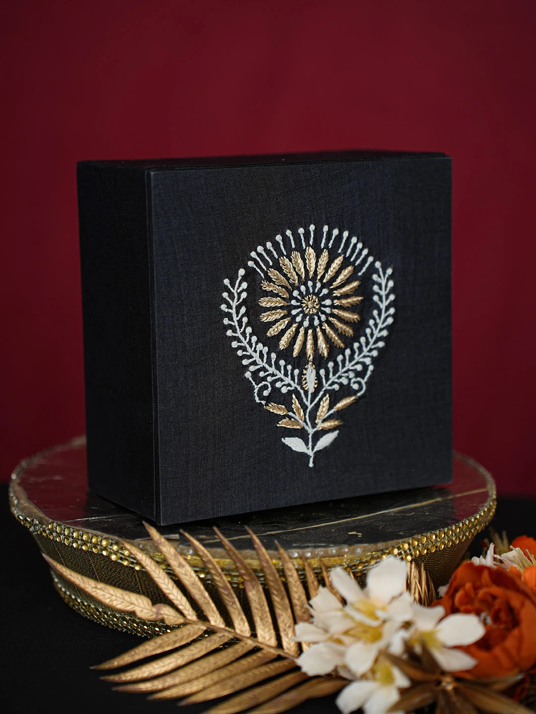 Ada Hand Embroidered Black Silk Lucknowi Chikankari Utility Box With Zari Work 01A712639