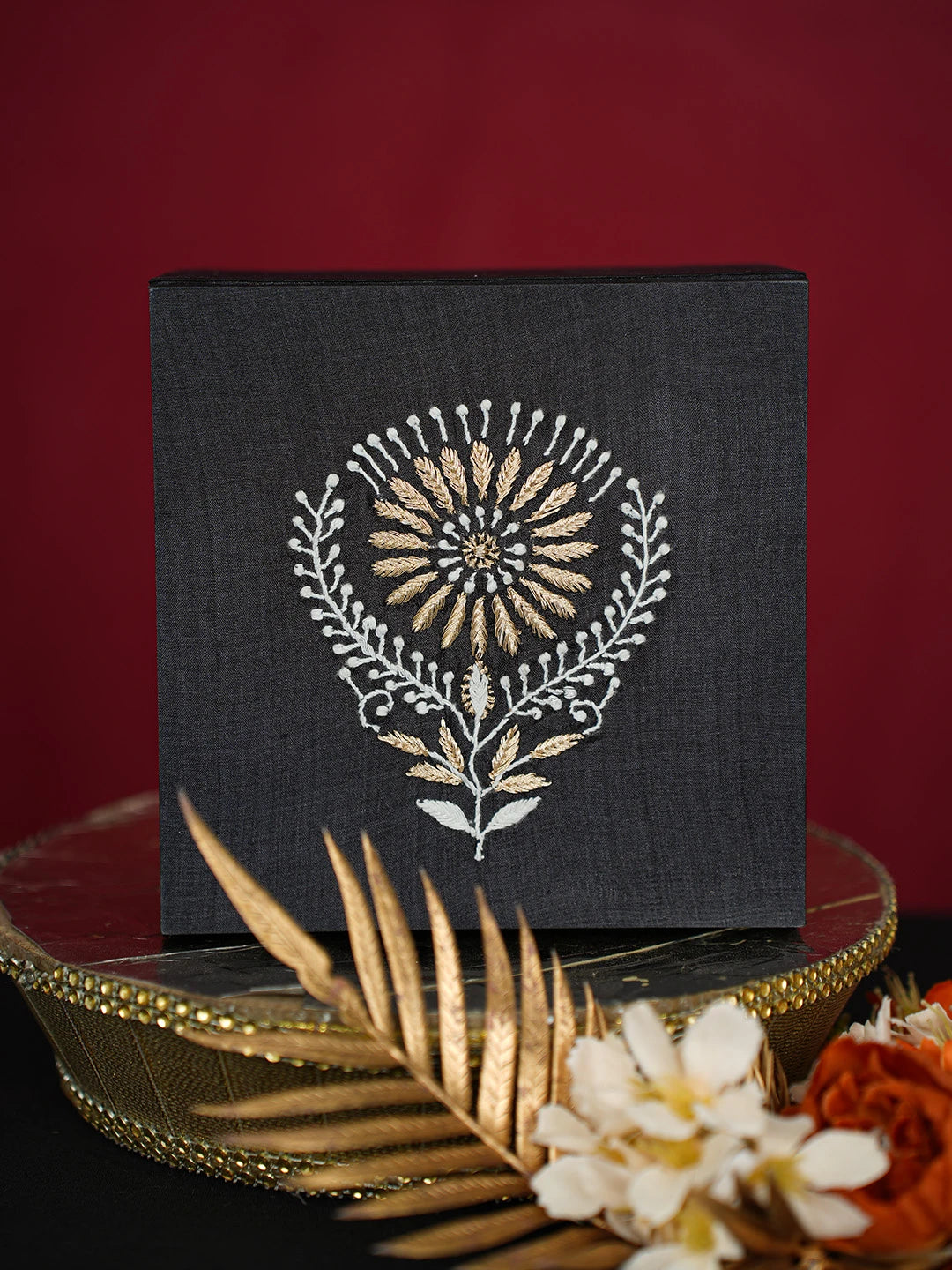 Ada Hand Embroidered Black Silk Lucknowi Chikankari Utility Box With Zari Work 01A712639