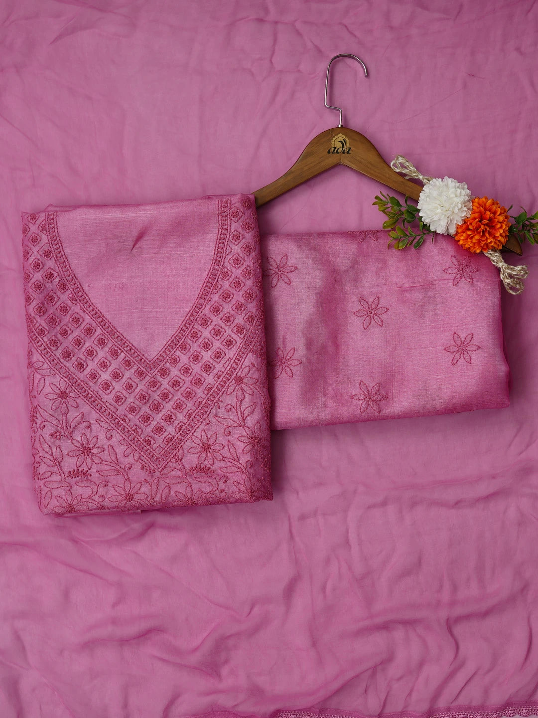 Ada Hand Embroidered Magenta Silk Lucknowi Chikankari Unstitched Suit Piece 01A669282