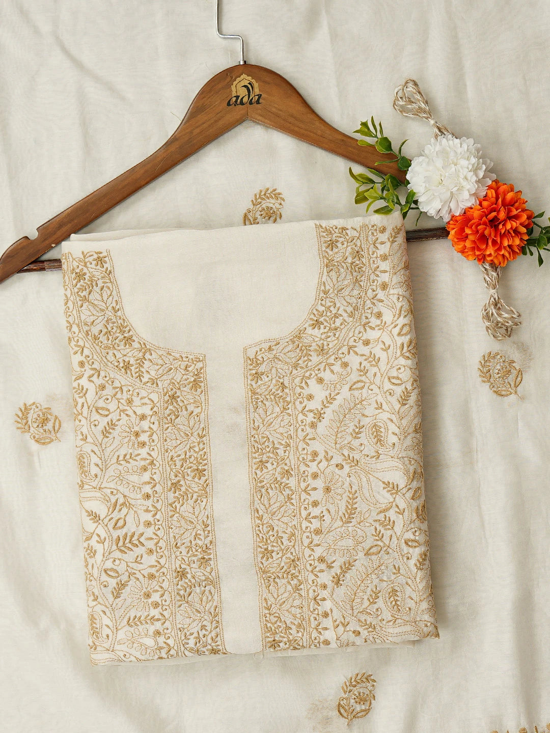 Ada Hand Embroidered White Chanderi Lucknowi Chikankari Unstitched Kurta Dupatta Set 01A571731