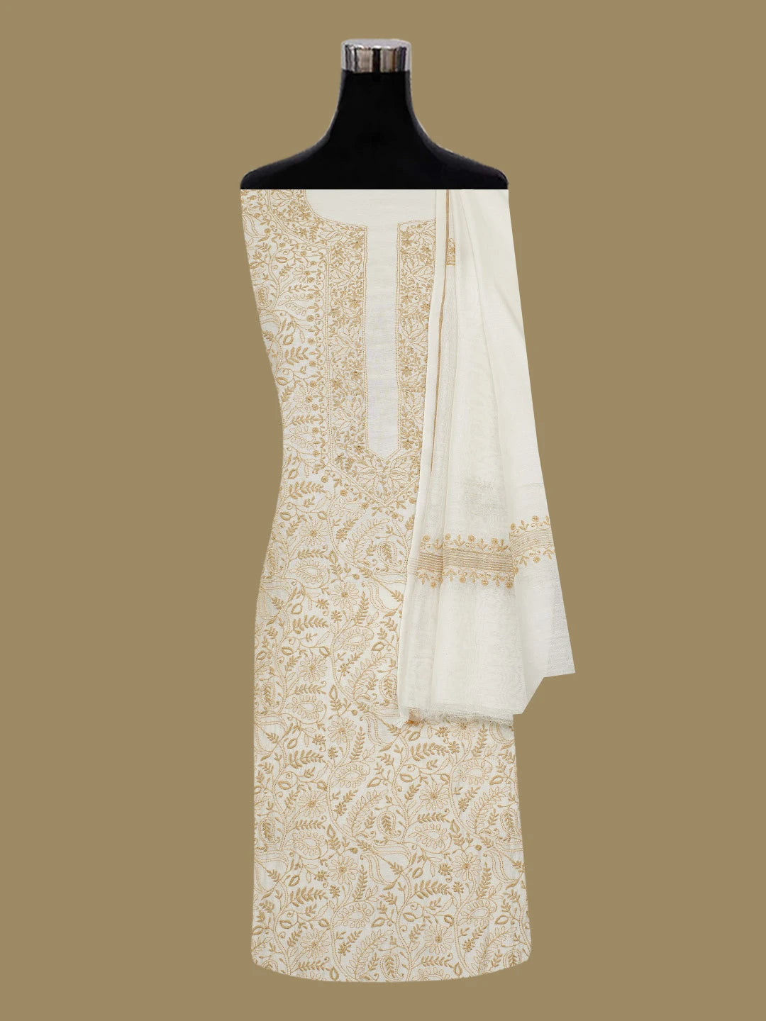 Ada Hand Embroidered White Chanderi Lucknowi Chikankari Unstitched Kurta Dupatta Set 01A571731