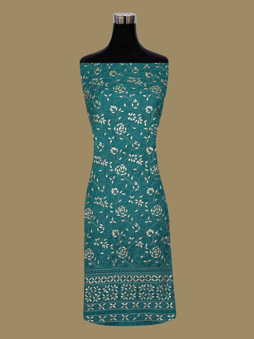 Ada Hand Embroidered Rama Green Tussar Silk Lucknowi Chikankari Unstitched Suit Piece With Gota Patti Work 01A616229
