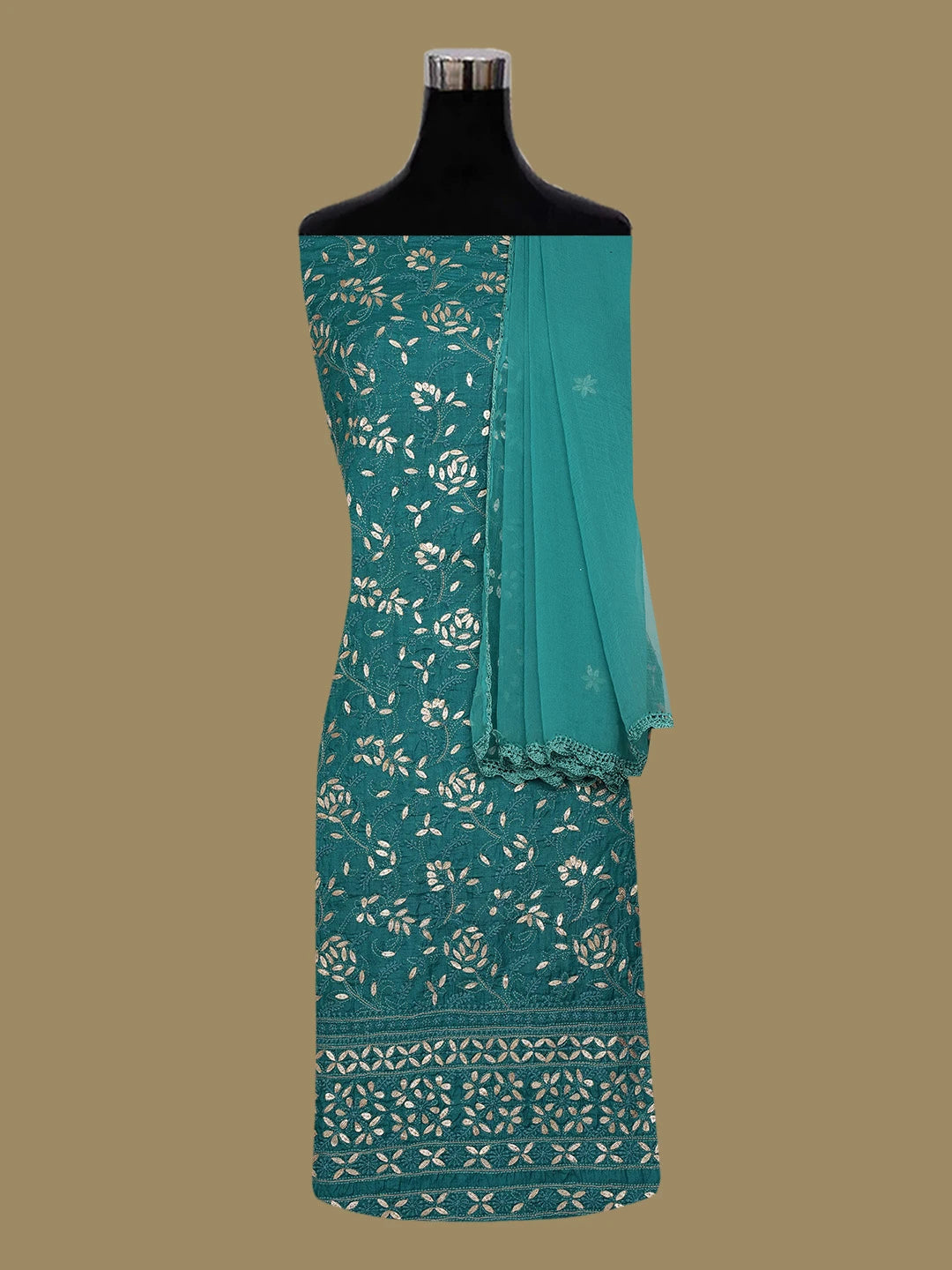 Ada Hand Embroidered Rama Green Tussar Silk Lucknowi Chikankari Unstitched Suit Piece With Gota Patti Work 01A616229
