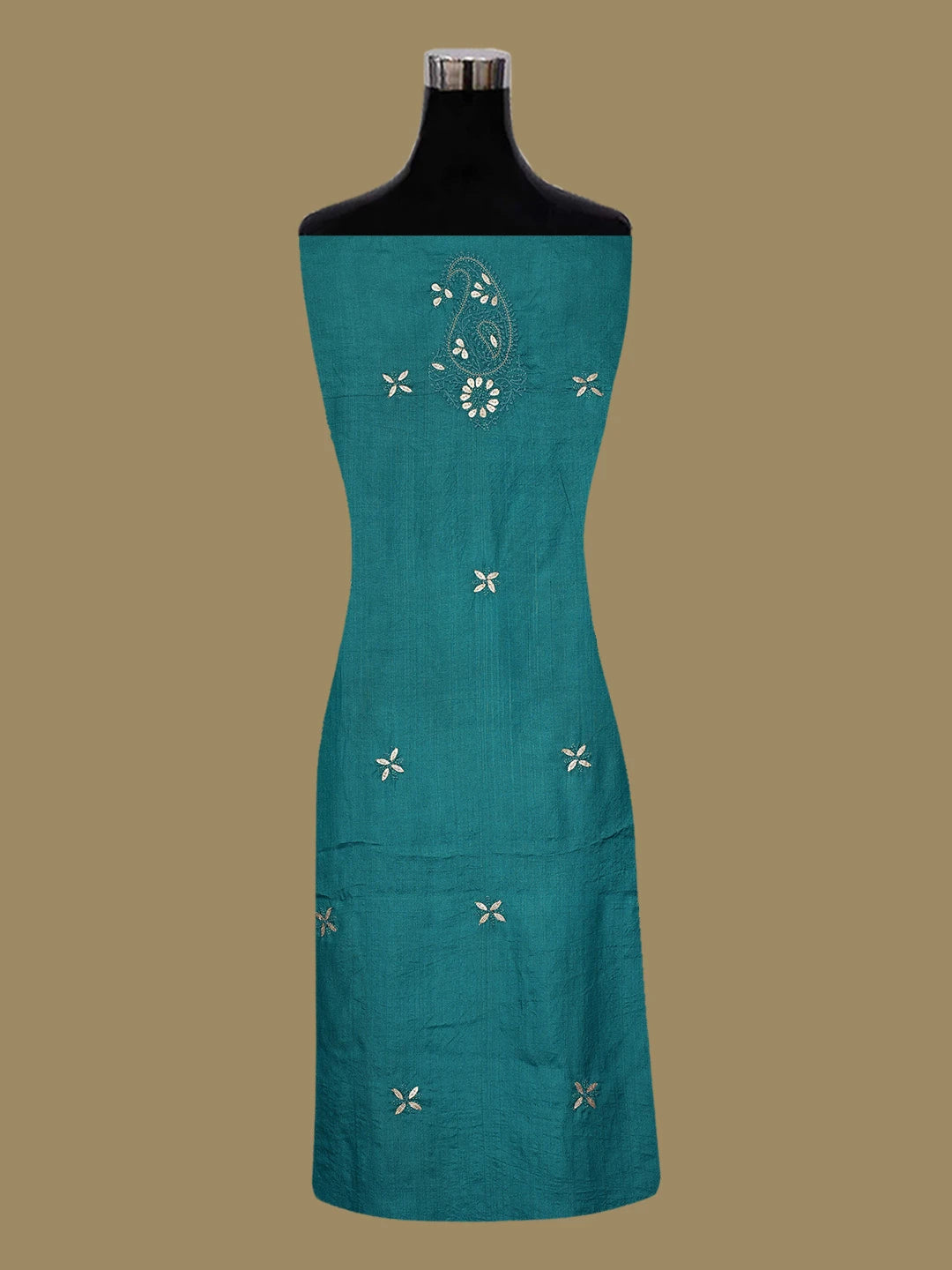 Ada Hand Embroidered Rama Green Tussar Silk Lucknowi Chikankari Unstitched Suit Piece With Gota Patti Work 01A616229