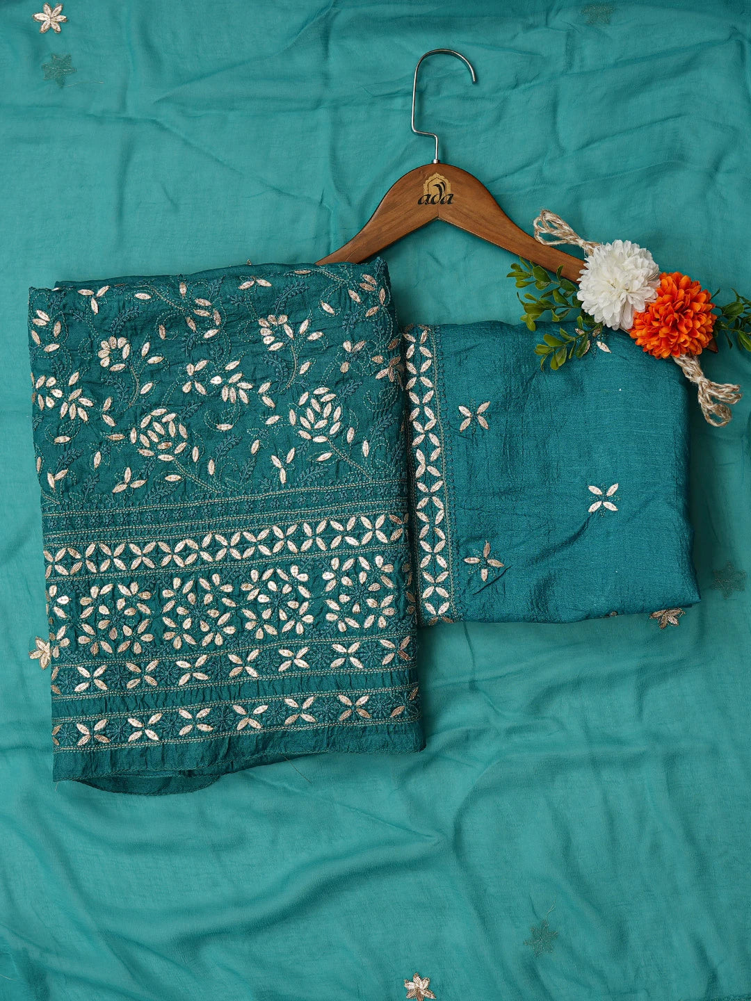 Ada Hand Embroidered Rama Green Tussar Silk Lucknowi Chikankari Unstitched Suit Piece With Gota Patti Work 01A616229