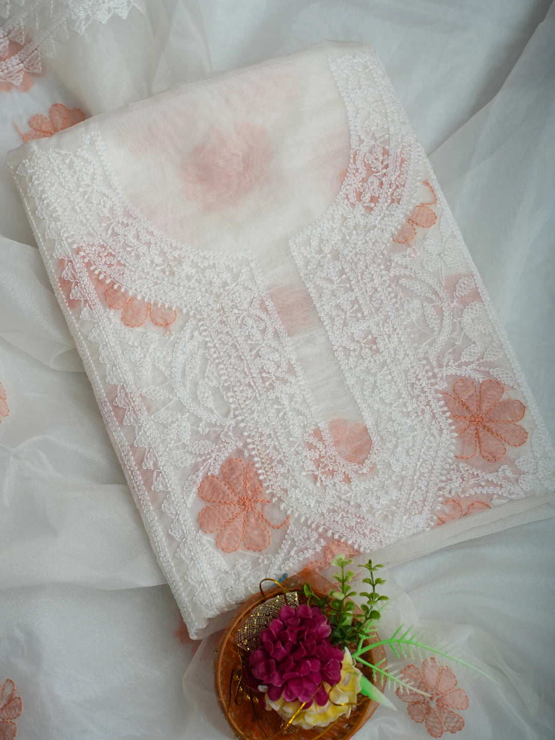 Ada Hand Embroidered White Organza Lucknowi Chikankari Unstitched Kurta Dupatta Set 01A718595