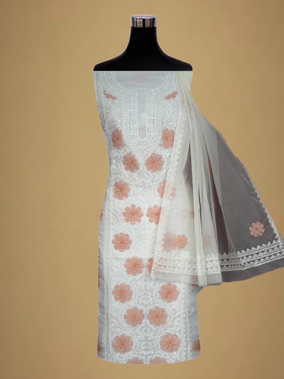 Ada Hand Embroidered White Organza Lucknowi Chikankari Unstitched Kurta Dupatta Set 01A718595