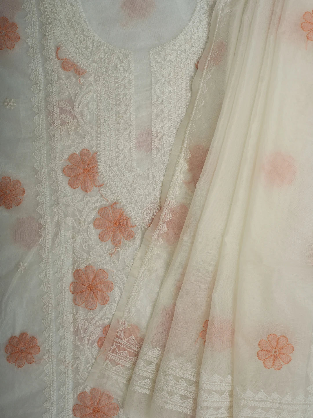 Ada Hand Embroidered White Organza Lucknowi Chikankari Unstitched Kurta Dupatta Set 01A718595