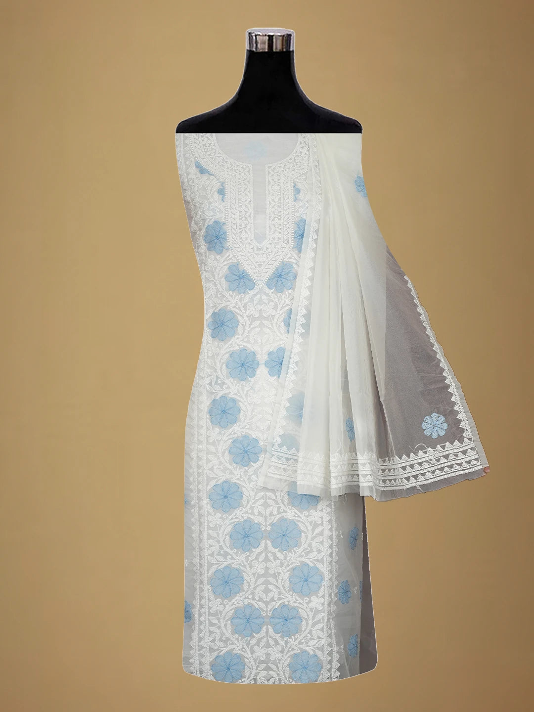 Ada Hand Embroidered White Organza Lucknowi Chikankari Unstitched Kurta Dupatta Set 01A718598