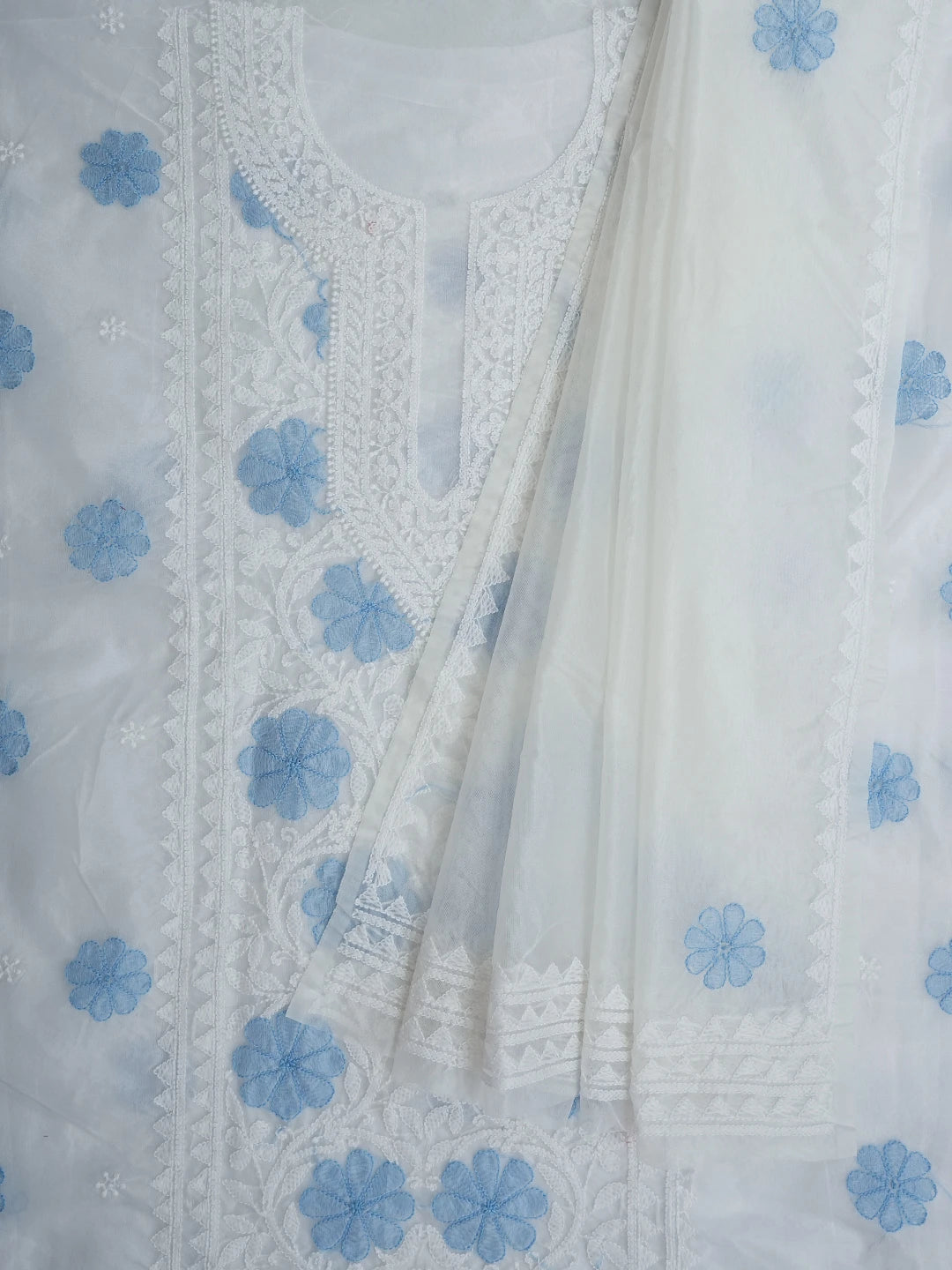 Ada Hand Embroidered White Organza Lucknowi Chikankari Unstitched Kurta Dupatta Set 01A718598