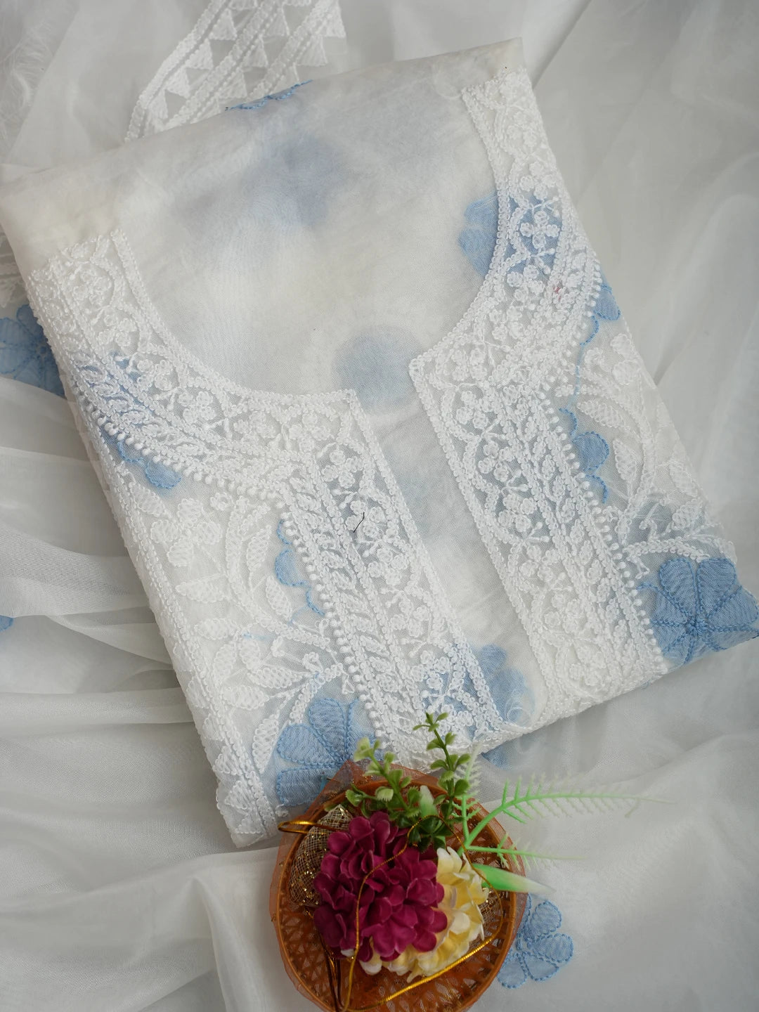 Ada Hand Embroidered White Organza Lucknowi Chikankari Unstitched Kurta Dupatta Set 01A718598