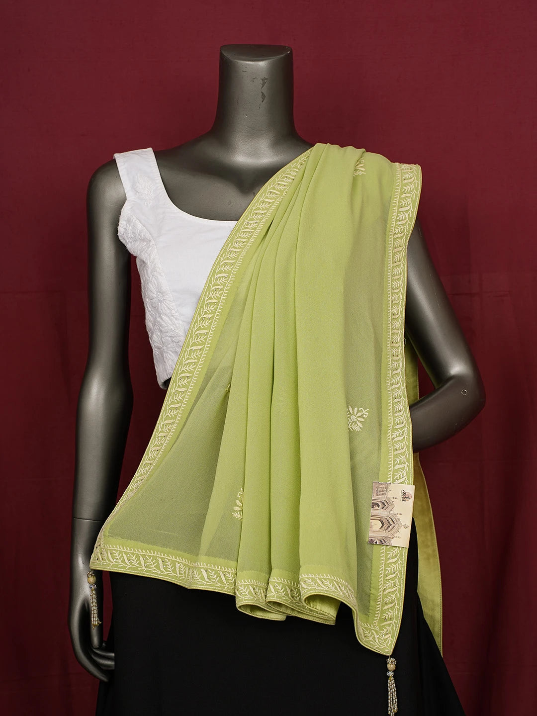 Ada Hand Embroidered Green Pure Georgette Lucknowi Chikankari Dupatta With Mukaish Work 01A719152