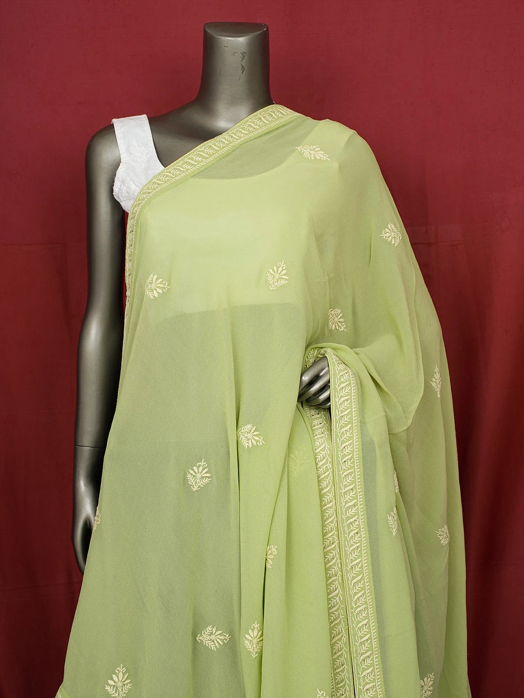 Ada Hand Embroidered Green Pure Georgette Lucknowi Chikankari Dupatta With Mukaish Work 01A719152