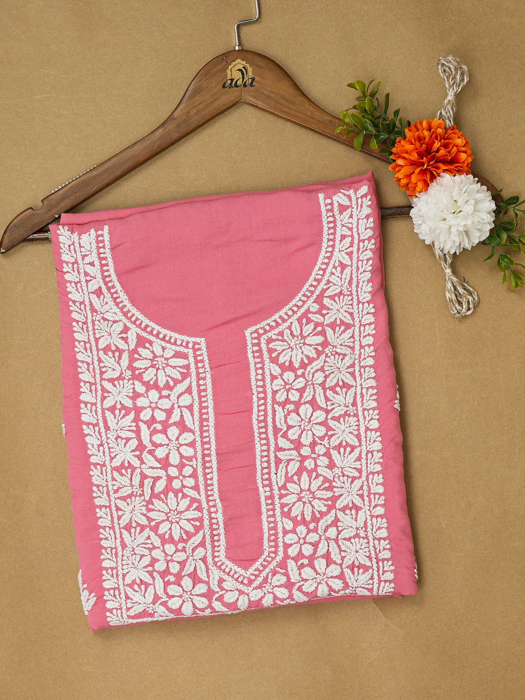Ada Hand Embroidered Carrot Pink Modal Lucknowi Chikankari Unstitched Kurta Piece 01A593823