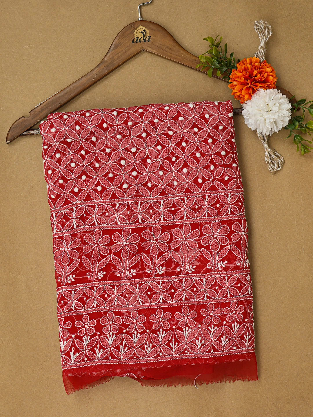 Ada Hand Embroidered Red Georgette Lucknowi Chikankari Unstitched Kurta Piece 01A715906