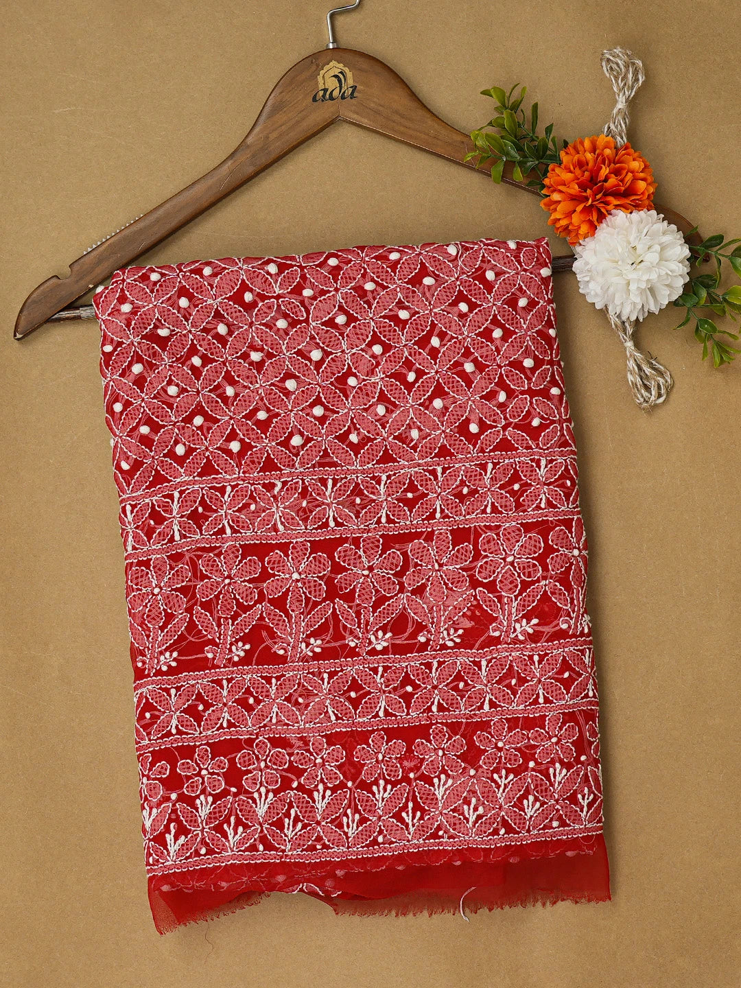 Ada Hand Embroidered Red Georgette Lucknowi Chikankari Unstitched Kurta Piece 01A715906