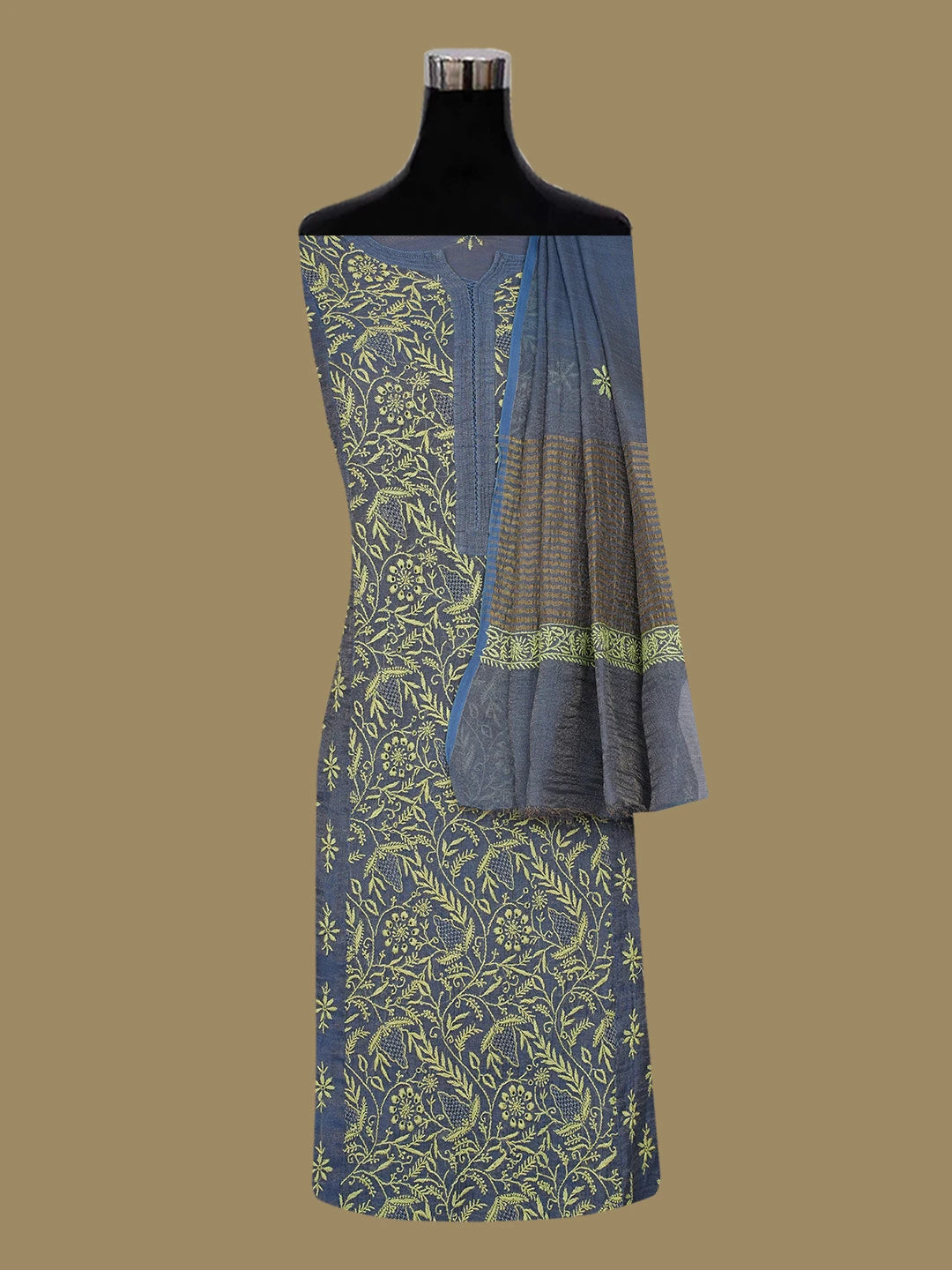 Ada Hand Embroidered Grayish Blue Tissue Lucknowi Chikankari Semi-Stitched Kurta Dupatta Set 01A605877