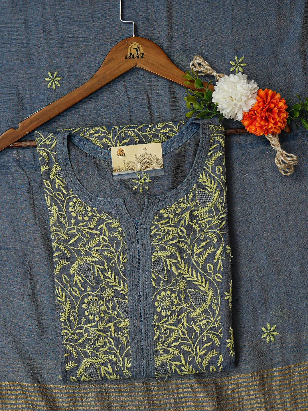 Ada Hand Embroidered Grayish Blue Tissue Lucknowi Chikankari Semi-Stitched Kurta Dupatta Set 01A605877
