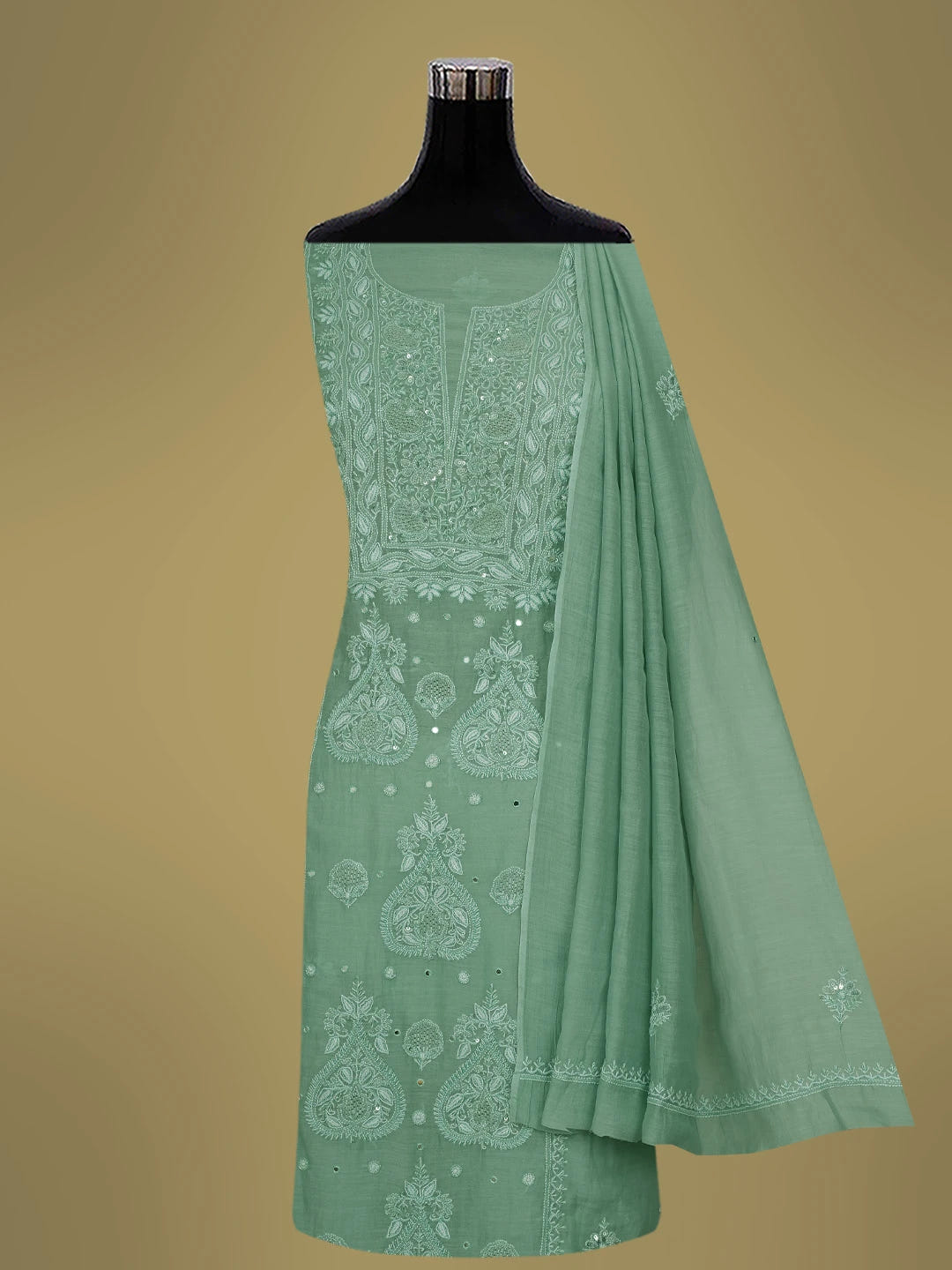 Ada Hand Embroidered Pista Green Chanderi Lucknowi Chikankari Unstitched Kurta Dupatta Set With Cutdana Work 01A682763