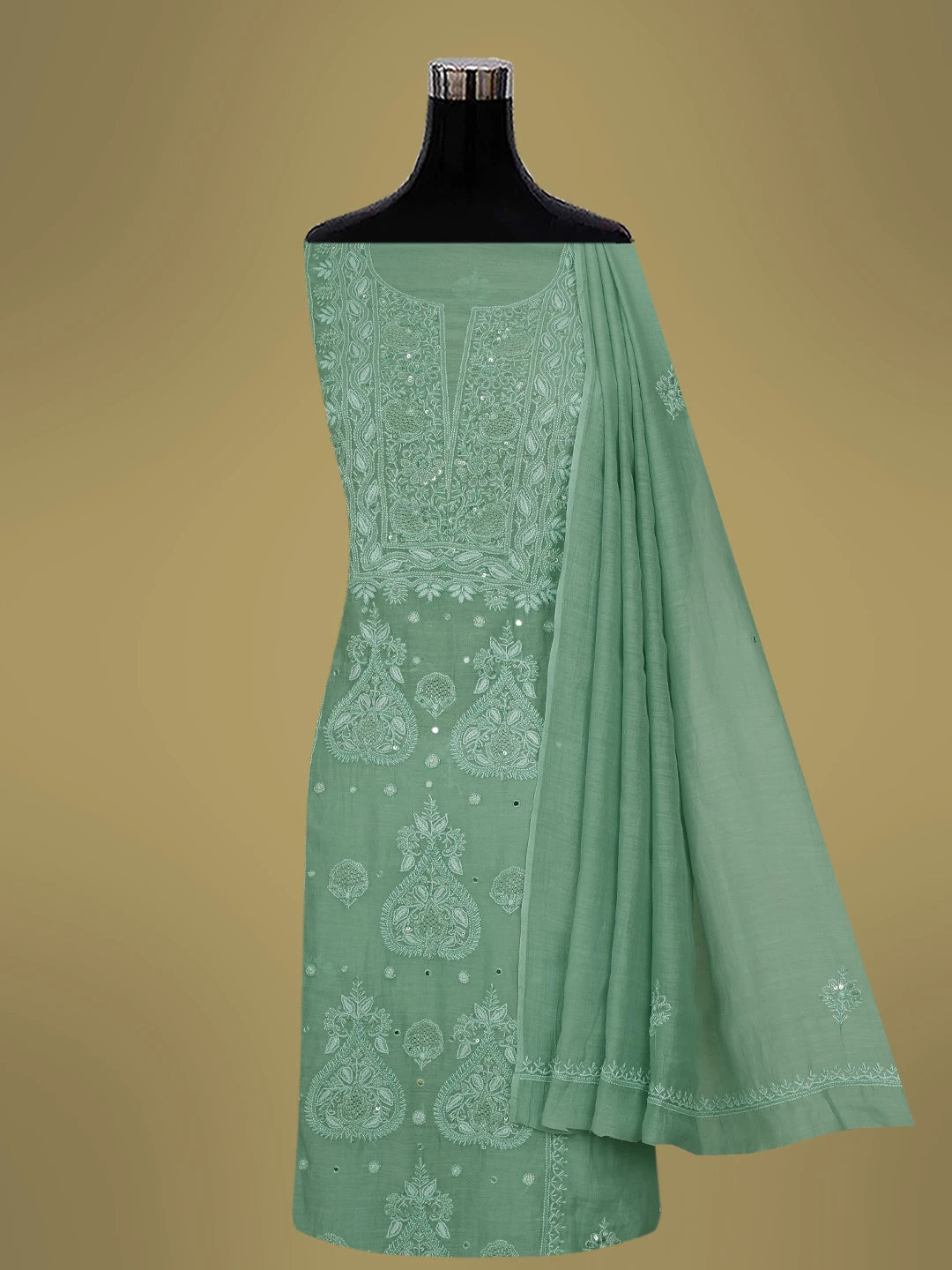Ada Hand Embroidered Pista Green Chanderi Lucknowi Chikankari Unstitched Kurta Dupatta Set With Cutdana Work 01A682763