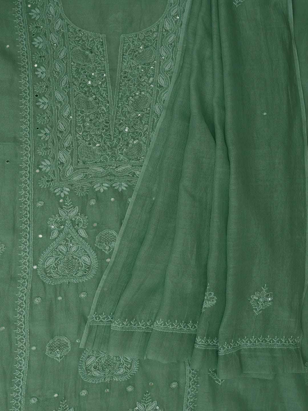 Ada Hand Embroidered Pista Green Chanderi Lucknowi Chikankari Unstitched Kurta Dupatta Set With Cutdana Work 01A682763