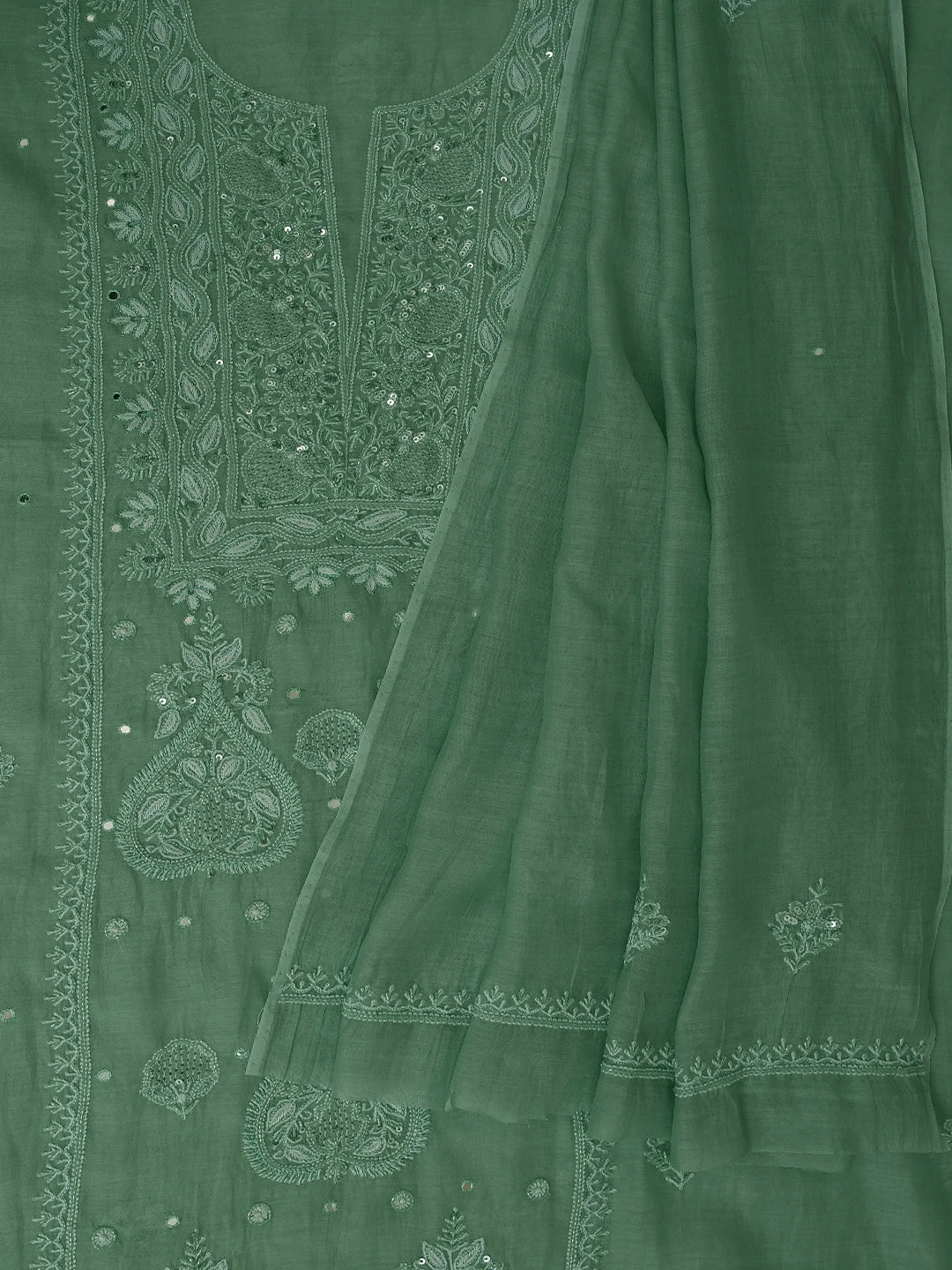 Ada Hand Embroidered Pista Green Chanderi Lucknowi Chikankari Unstitched Kurta Dupatta Set With Cutdana Work 01A682763
