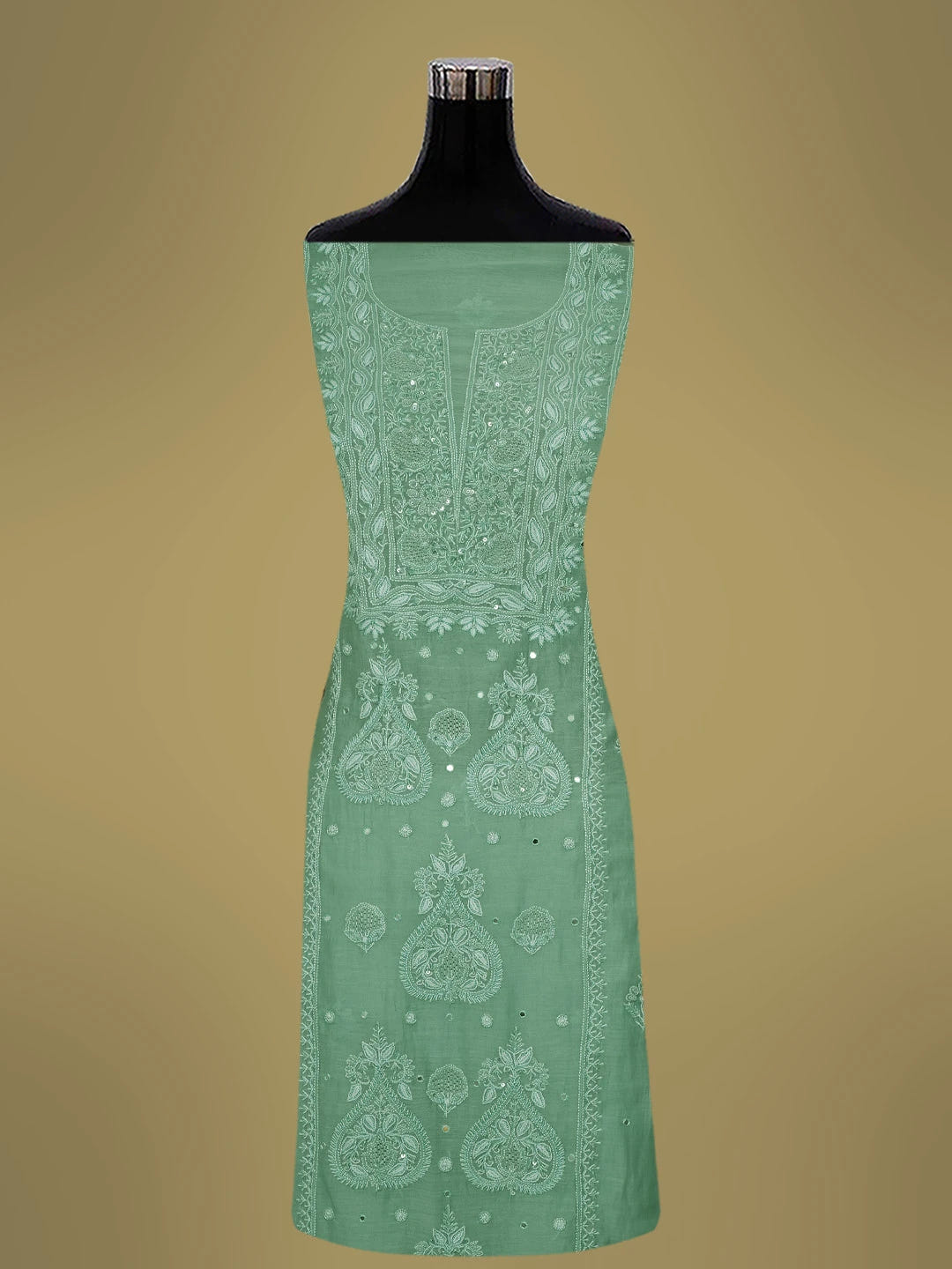 Ada Hand Embroidered Pista Green Chanderi Lucknowi Chikankari Unstitched Kurta Dupatta Set With Cutdana Work 01A682763